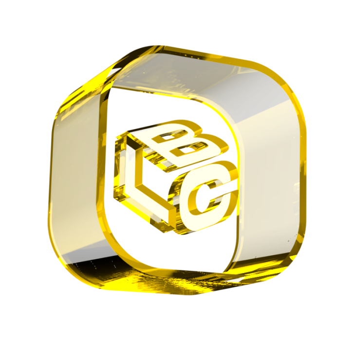 Logo dourado em 3D do LCbank com as letras L, B, C