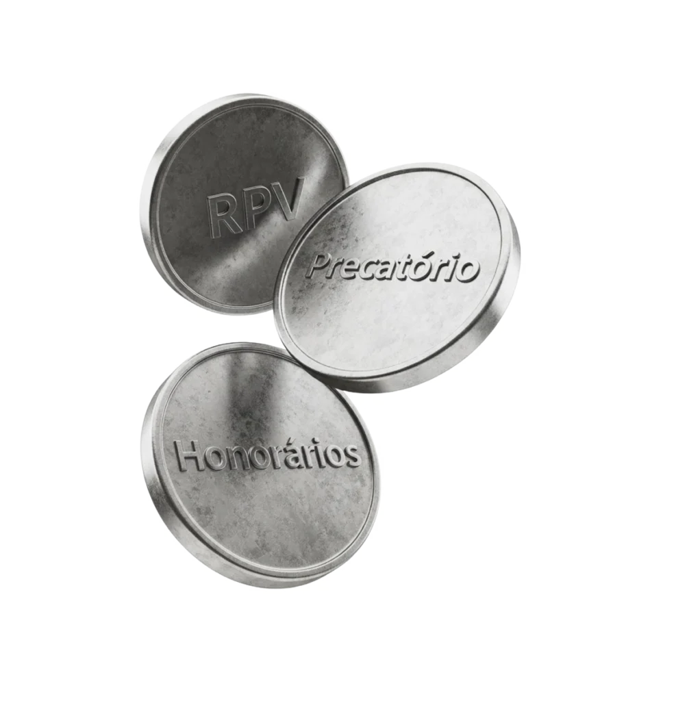 Moedas de metal com inscrições: RPV, Precatório e Honorários, sobre fundo branco