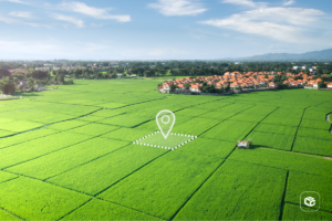 Vista aérea de uma extensa área agrícola com plantações verdes organizadas em grandes lotes geométricos. No centro da imagem, há uma marcação gráfica destacando um terreno específico, representado por um contorno pontilhado e um ícone de localização. Ao fundo, é possível ver um conjunto residencial, árvores, montanhas distantes e céu parcialmente nublado. A imagem remete a propriedade rural, investimento em terras, agronegócio, georreferenciamento e valorização imobiliária.